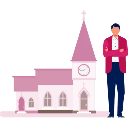 Un homme montre les lieux de mariage de l'église catholique  Illustration
