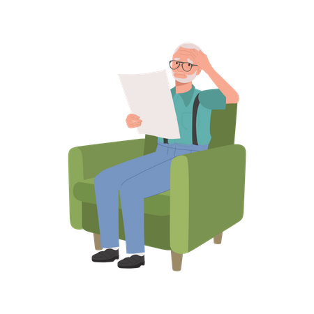 Homme mûr avec mal de tête en lisant le journal sur le canapé  Illustration