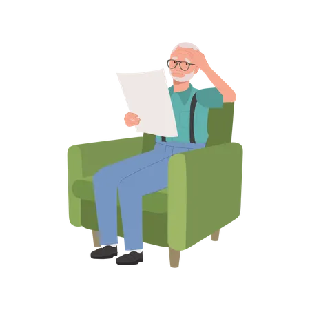 Homme mûr avec mal de tête en lisant le journal sur le canapé  Illustration