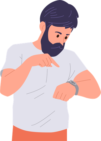 Homme mûr barbu concentré regardant sa montre-bracelet en comptant le temps  Illustration