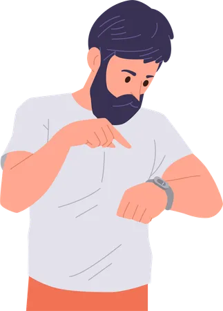 Homme mûr barbu concentré regardant sa montre-bracelet en comptant le temps  Illustration