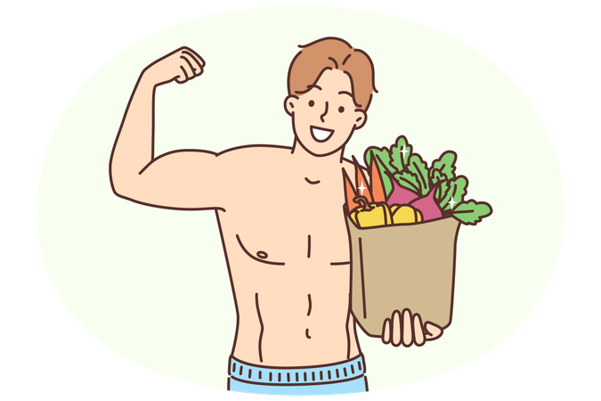Un homme musclé souriant tient un sac de légumes  Illustration