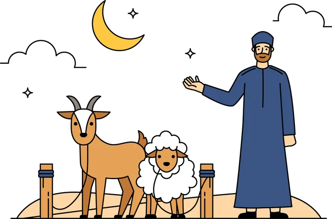 Homme musulman avec des animaux de ferme  Illustration