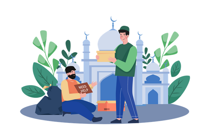 Homme musulman distribuant la Zakat dans la mosquée  Illustration