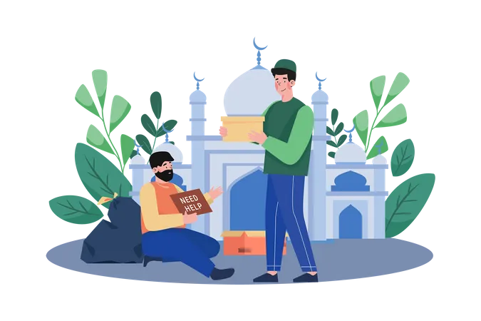 Homme musulman distribuant la Zakat dans la mosquée  Illustration