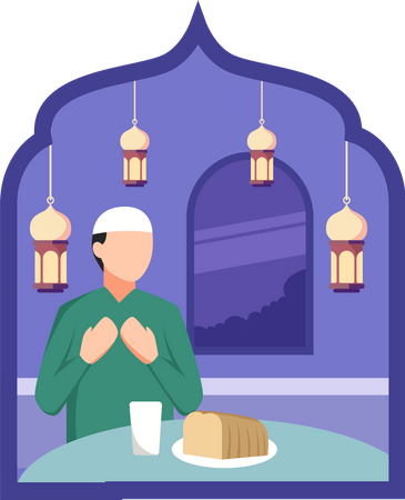 Homme musulman faisant la prière avant de manger de la nourriture  Illustration