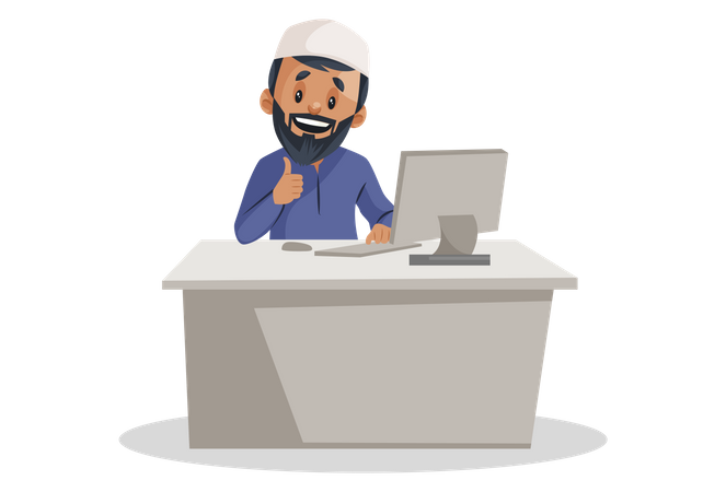 Homme musulman indien travaillant sur l'ordinateur  Illustration