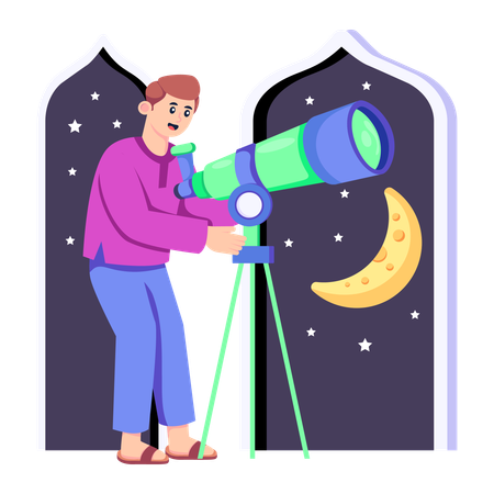 Homme musulman regardant dans un télescope  Illustration