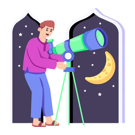 Homme musulman regardant dans un télescope  Illustration