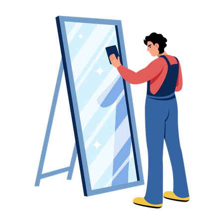 Homme nettoyant le miroir  Illustration