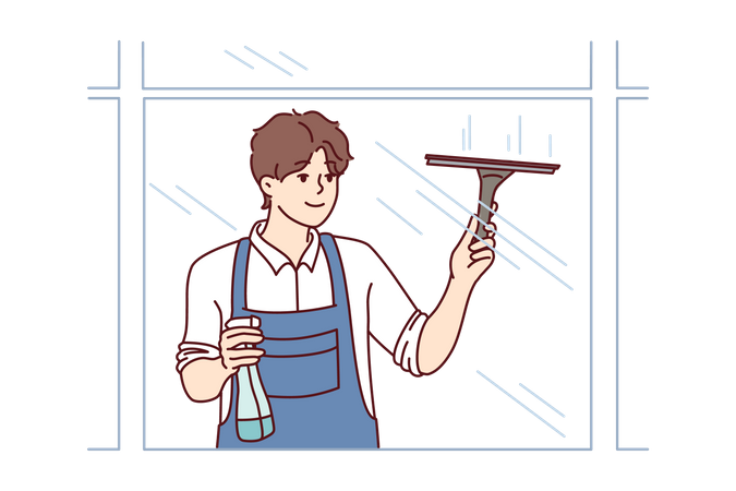 Homme nettoyant les vitres à l'aide d'un essuie-glace  Illustration