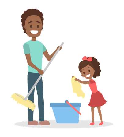 L'homme nettoie la maison et fait le ménage avec sa fille  Illustration