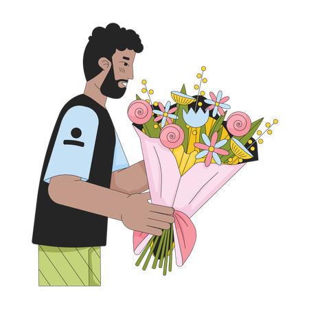 Homme noir barbu tenant un bouquet  Illustration