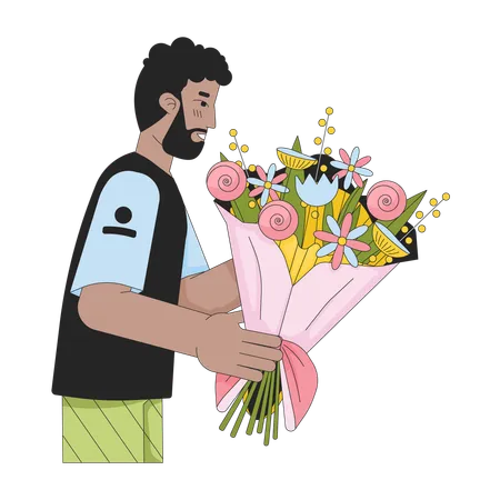 Homme noir barbu tenant un bouquet  Illustration