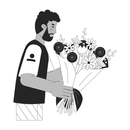 Homme noir barbu tenant un bouquet  Illustration