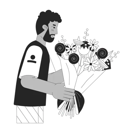 Homme noir barbu tenant un bouquet  Illustration