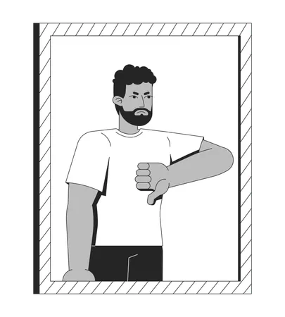 Un homme noir en colère dans un miroir exprimant sa désapprobation avec le pouce vers le bas  Illustration