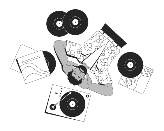 Homme noir rétro écoutant des disques vinyles sur une platine  Illustration