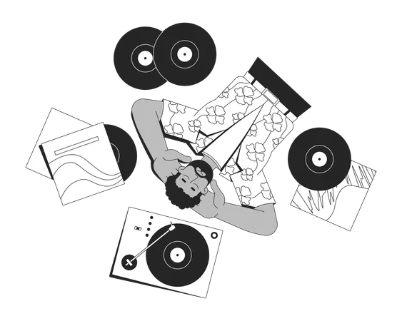 Homme noir rétro écoutant des disques vinyles sur une platine  Illustration