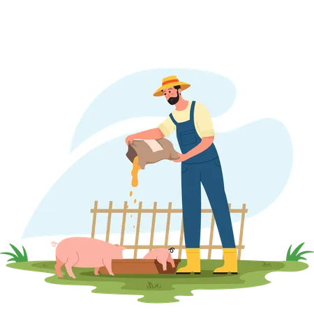 Homme nourrissant un cochon  Illustration