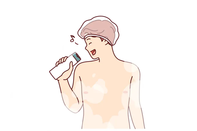 Un homme nu chante sous la douche  Illustration