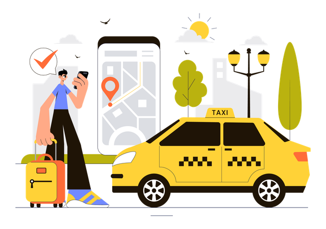 Un homme regarde l'emplacement d'un taxi sur son mobile  Illustration