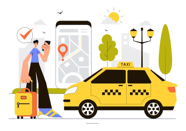 Un homme regarde l'emplacement d'un taxi sur son mobile  Illustration