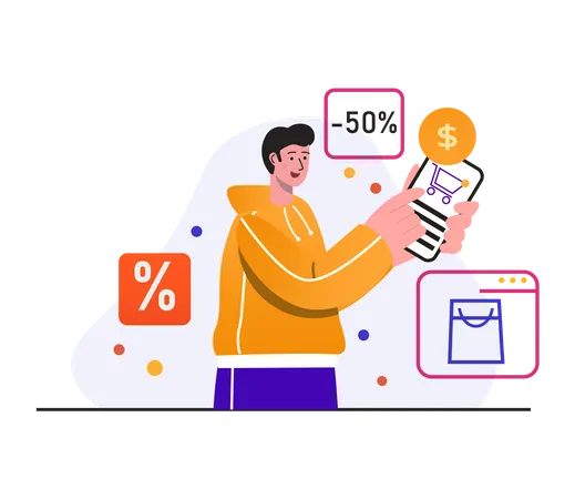 Homme bénéficiant d'une réduction par paiement en ligne  Illustration