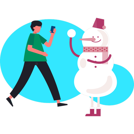 Un homme occupé à téléphoner tandis qu'un bonhomme de neige tient une boule de neige  Illustration