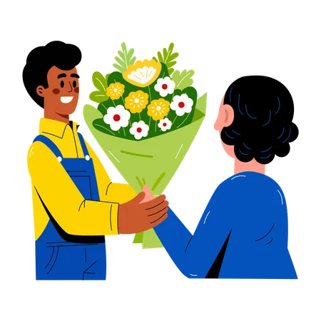 Homme donnant un bouquet à une femme  Illustration