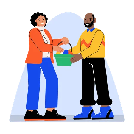 Un homme offre un panier de Pâques à un ami  Illustration