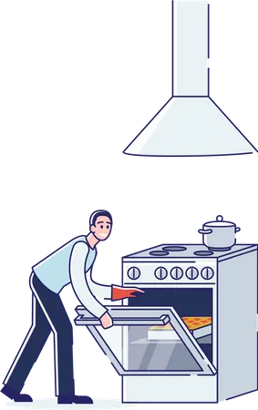 Homme ouvrant sur une cuisinière électrique  Illustration
