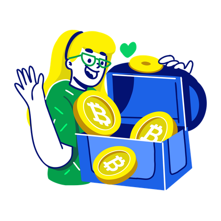 Un homme ouvre un trésor en Bitcoin  Illustration