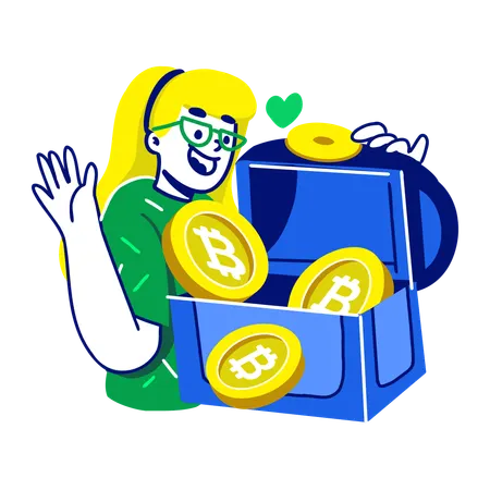 Un homme ouvre un trésor en Bitcoin  Illustration