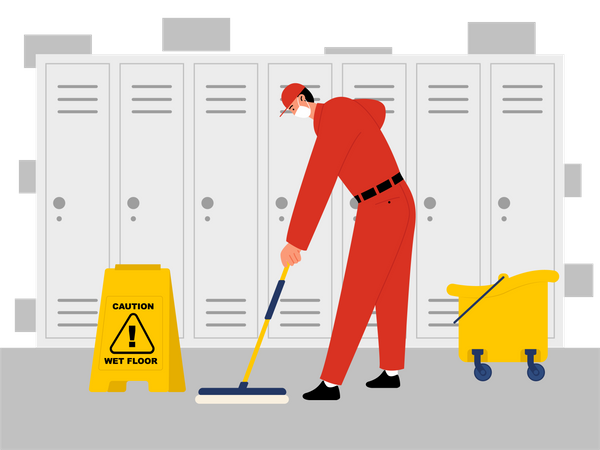 Un ouvrier de nettoyage masculin nettoie le sol du casier à l'école  Illustration