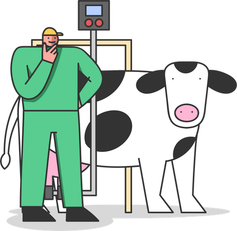 Un ouvrier d'usine contrôle le processus de traite des vaches et la qualité de la production dans une usine de lait  Illustration