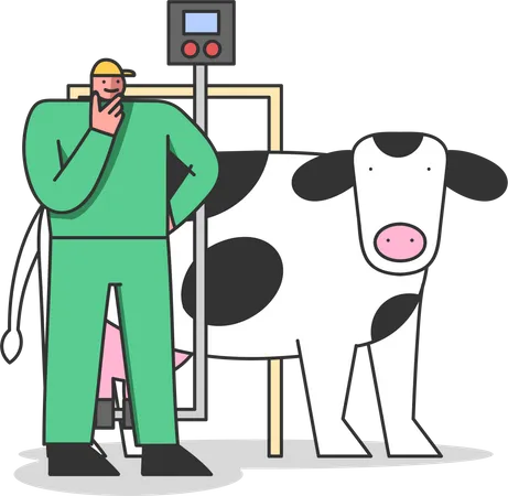 Un ouvrier d'usine contrôle le processus de traite des vaches et la qualité de la production dans une usine de lait  Illustration