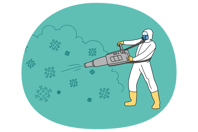Un travailleur en uniforme désinfecte l'environnement  Illustration