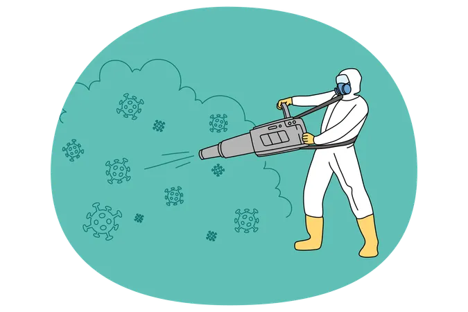 Un travailleur en uniforme désinfecte l'environnement  Illustration