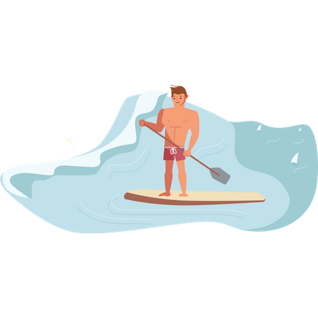 Un surfeur à pagaie masculin chevauche la vague  Illustration