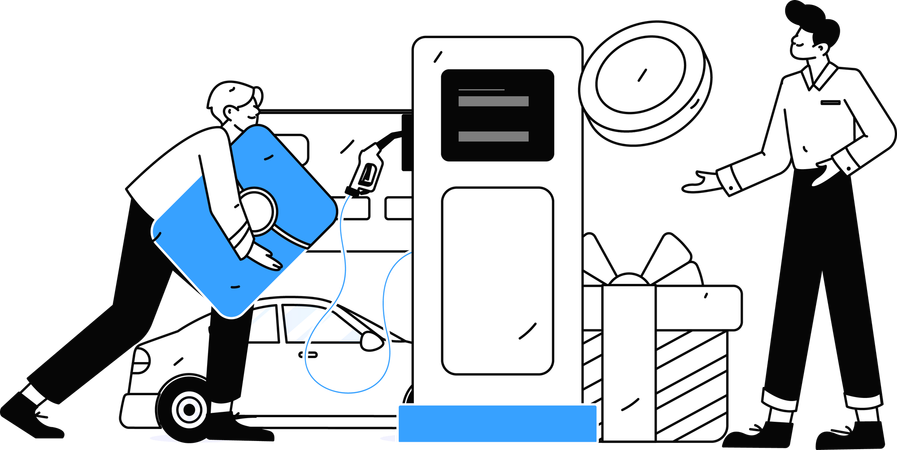 Un homme paie à la pompe d'une station-service  Illustration