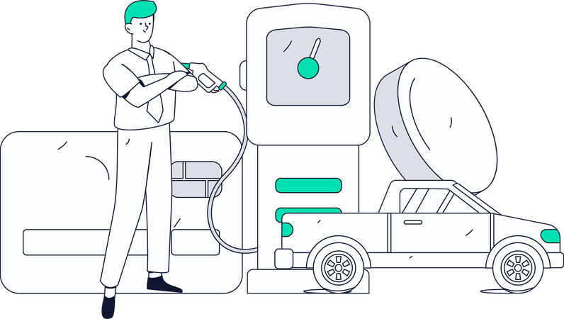 Un homme paie à la pompe d'une station-service  Illustration