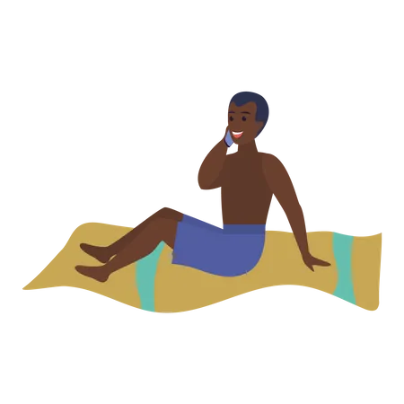 Homme parlant au téléphone à la plage  Illustration