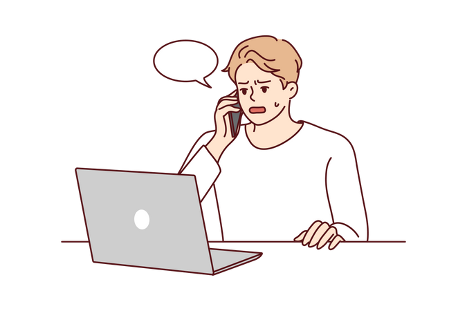 Homme parlant au téléphone avec un ordinateur portable  Illustration