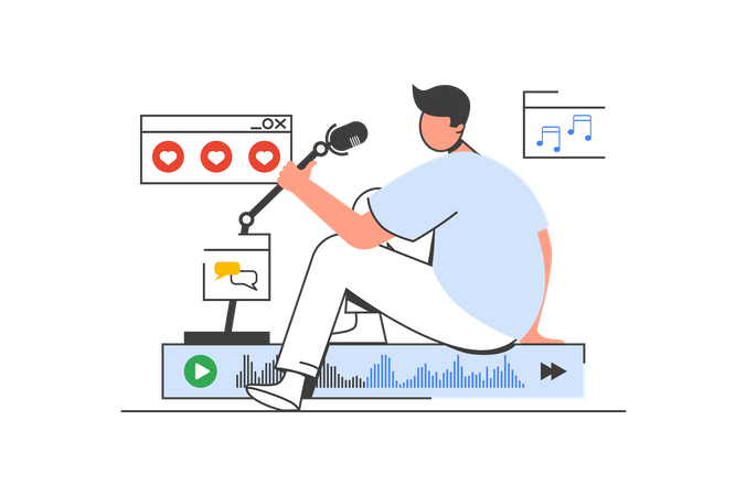 Homme parlant dans un podcast en streaming avec microphone  Illustration