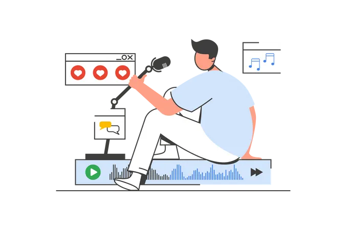 Homme parlant dans un podcast en streaming avec microphone  Illustration