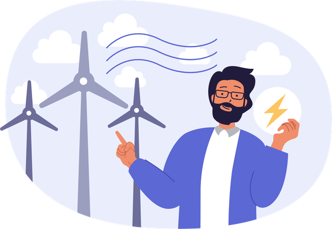 Un homme parle de l'énergie éolienne  Illustration