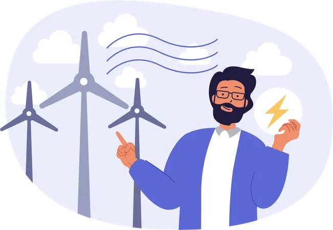 Un homme parle de l'énergie éolienne  Illustration