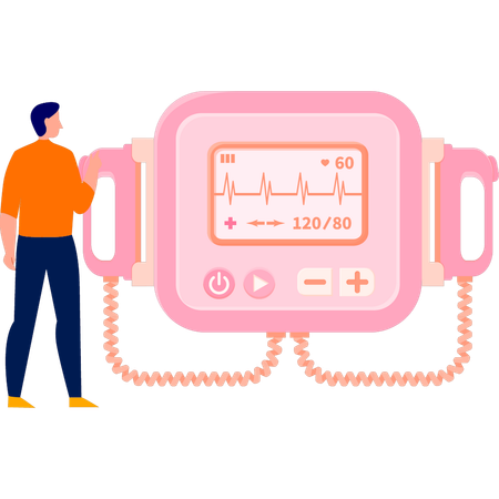 Homme parlant de l’utilisation d’une machine pour le traitement cardiaque  Illustration