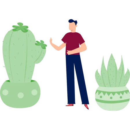 Homme parlant de cactus à fleurs  Illustration